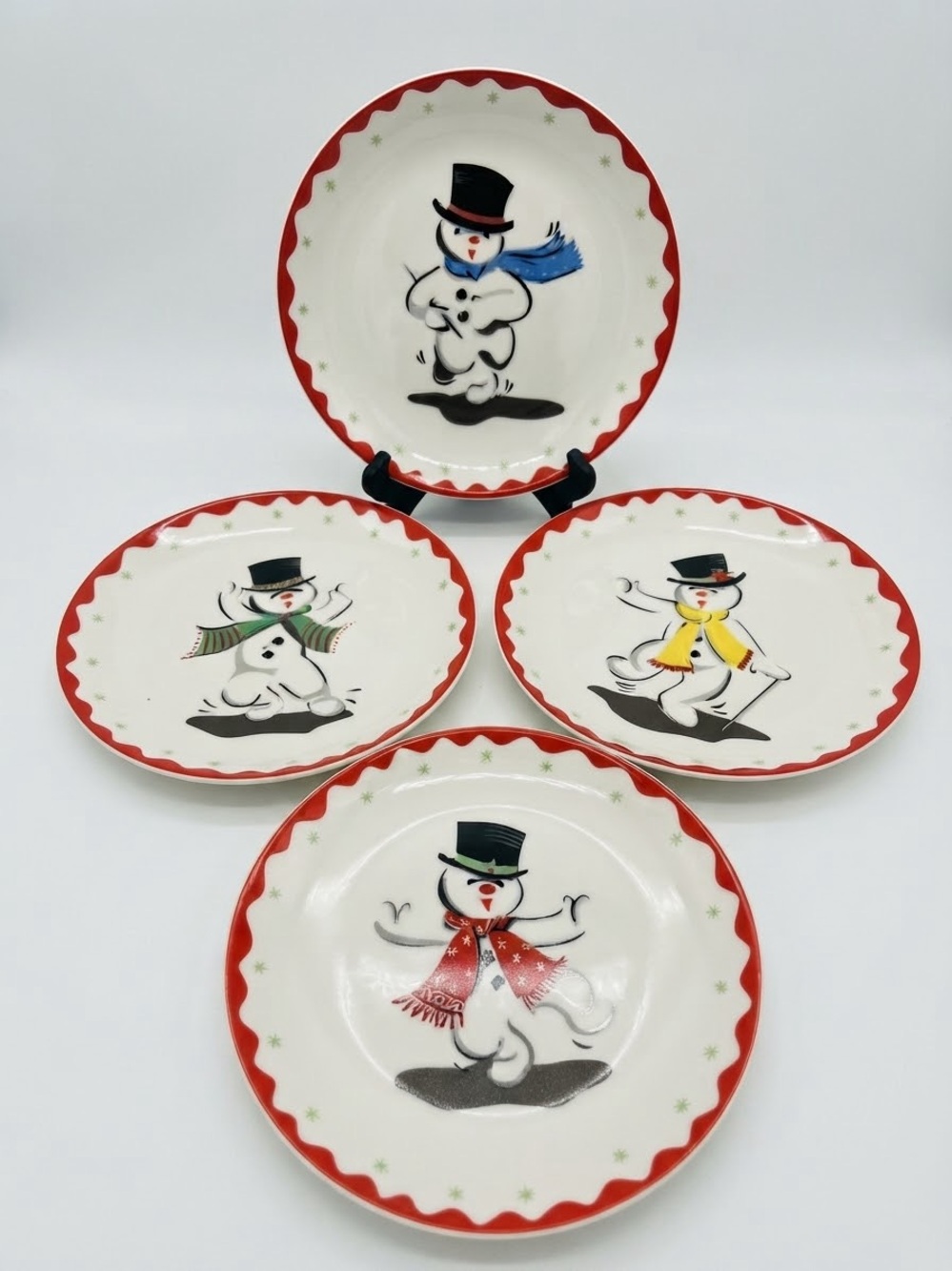 Dancing Snowman Plates 4  Vintage 2002 holiday cookies-appetizers treats .6.25